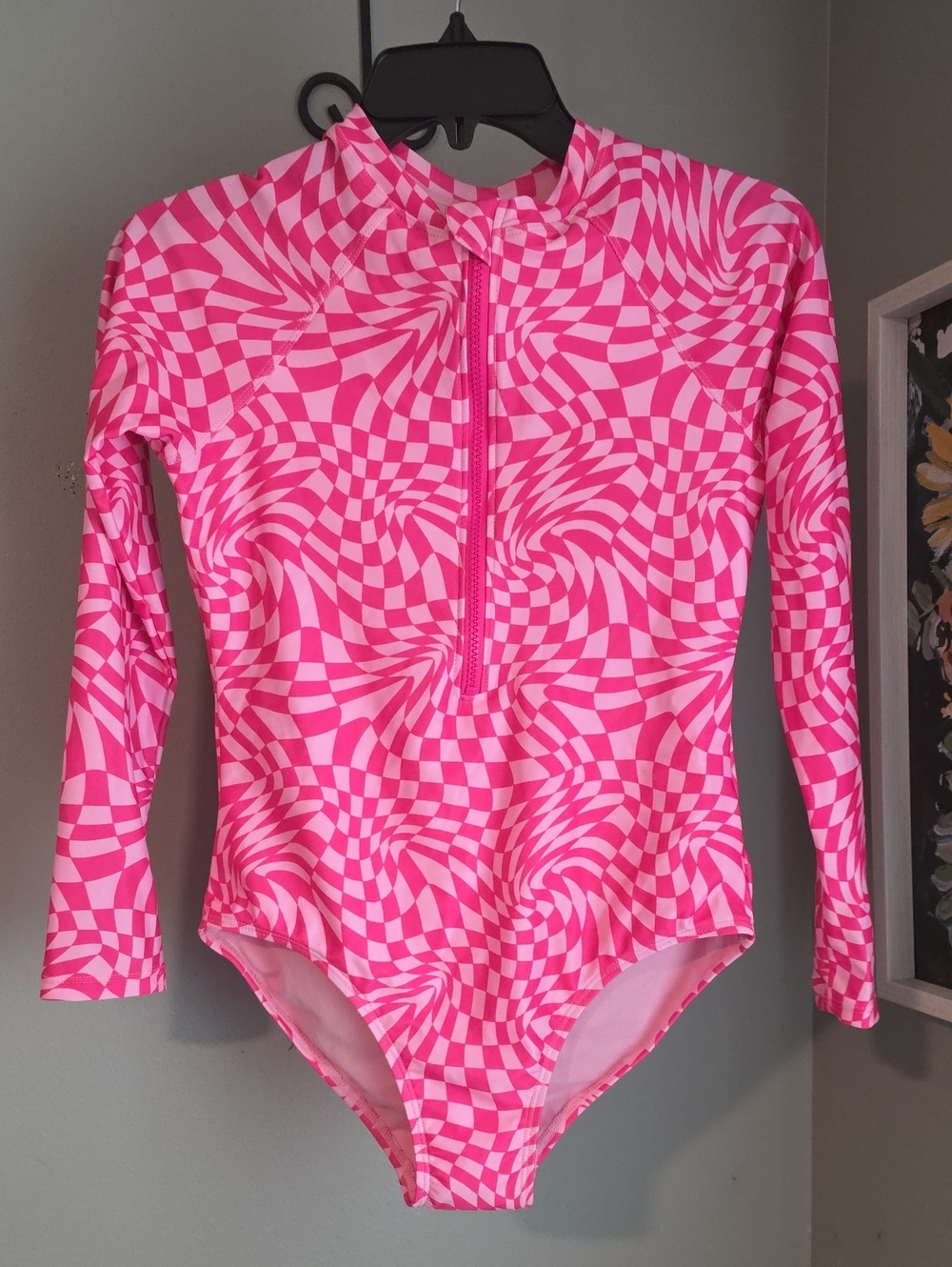 wonder nation Pink and Light Pink Swirl One-Piece Rash Guard XL 14-16